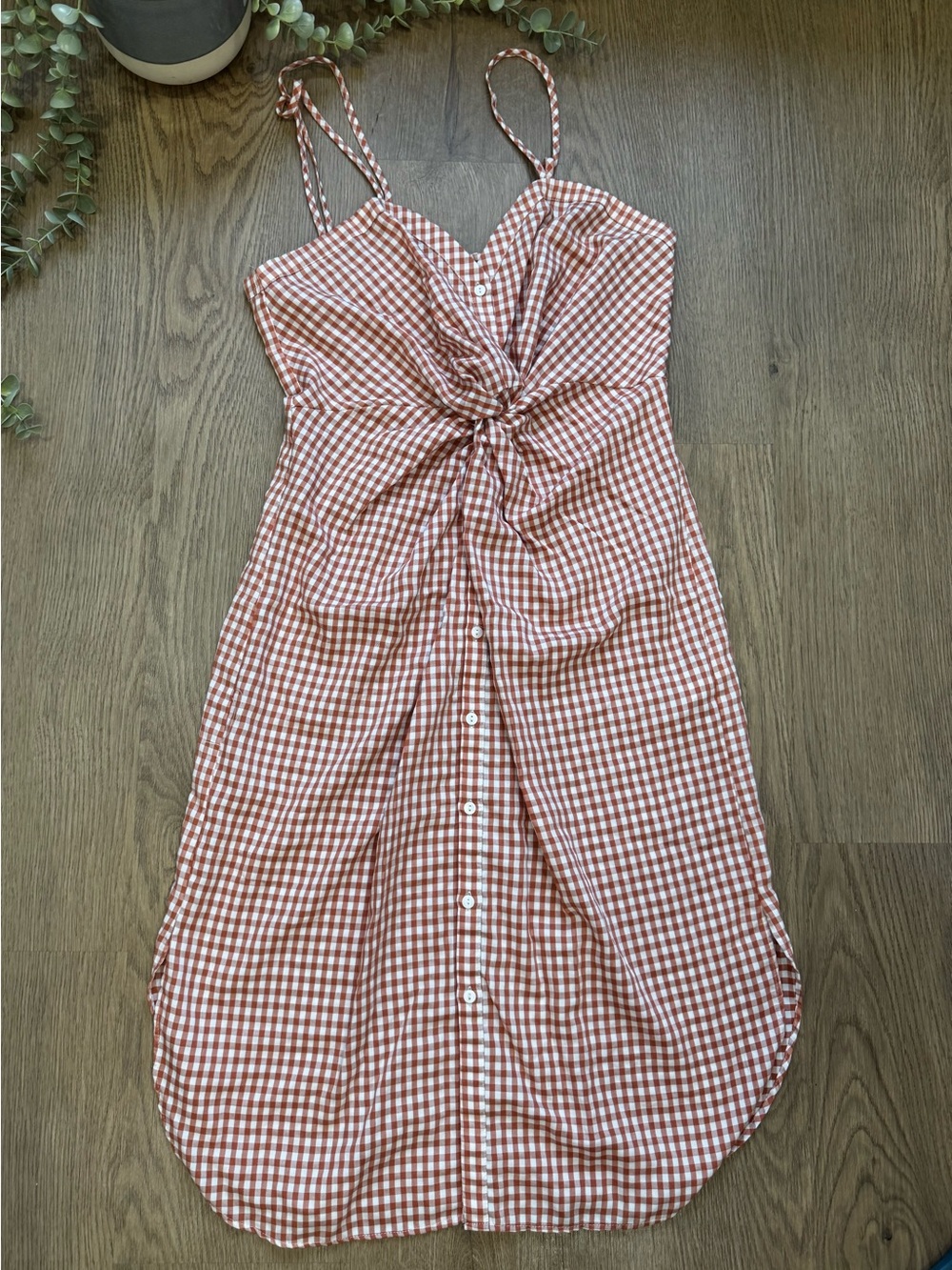 Zara Woman Gingham Tie Front Midi Dress Rust White Size M
